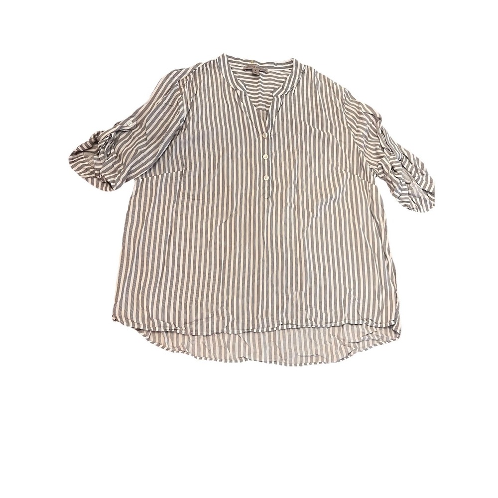 12Thompson Stripe Blouse Tunic Gray Stripe Roll Tab Sleeve Office Womens Size XL